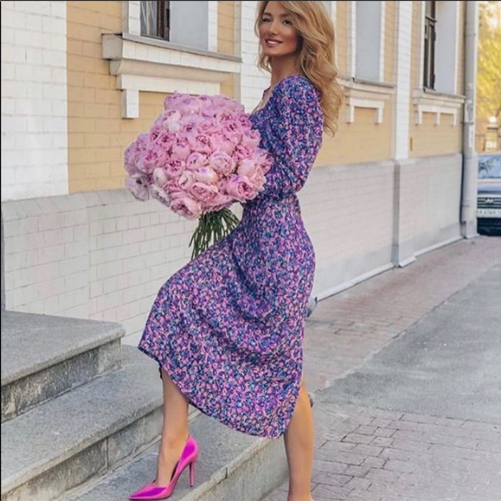 Zara purple floral midi dress long puff sleeve